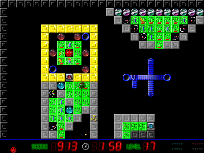 &quot;on title screen been spider on title laters&quot;: Hadron with a spider enemy below him. Note the techno theme, like Supaplex.